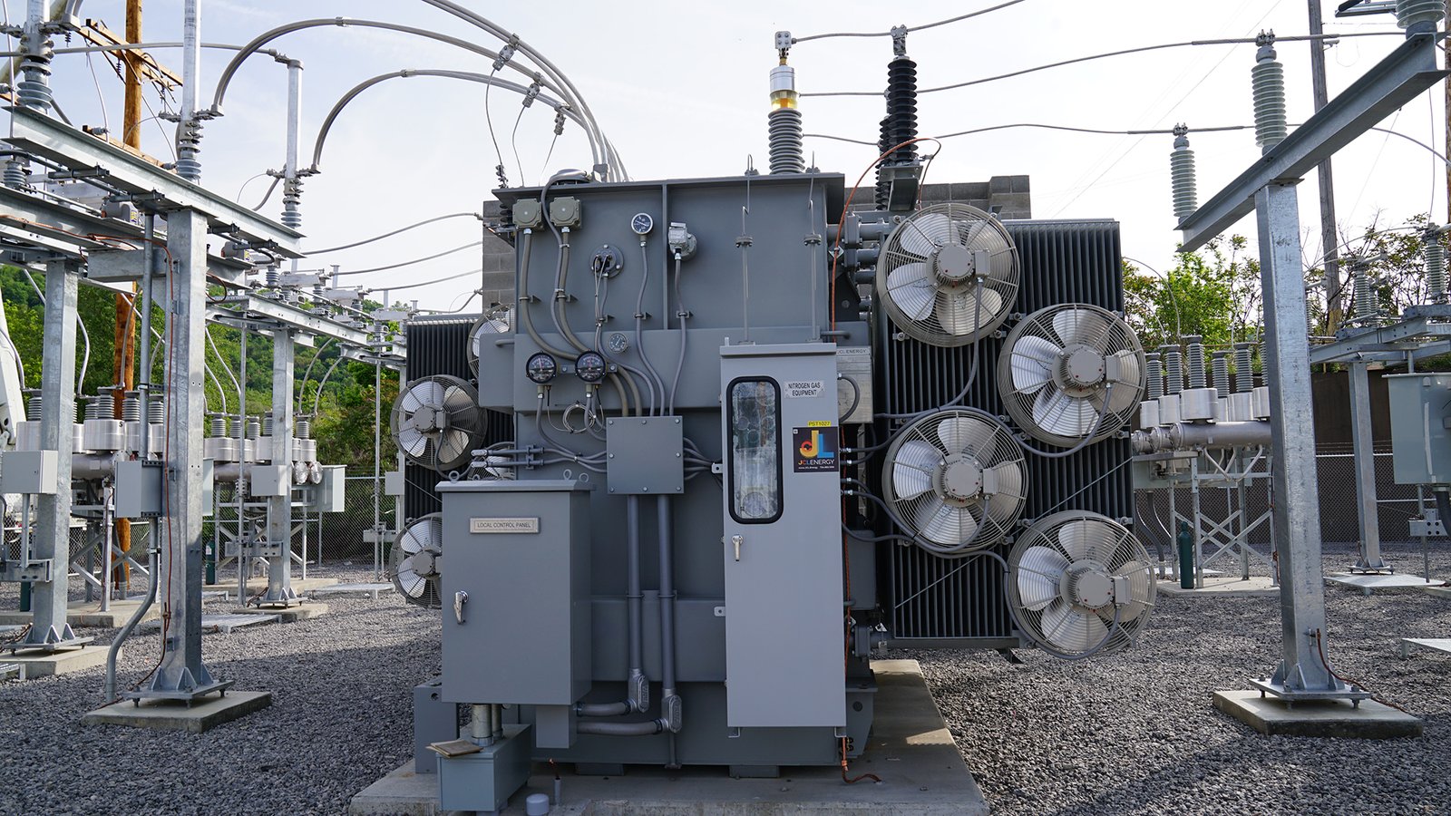 Industrial electrical substation with transformers and power infrastructure
